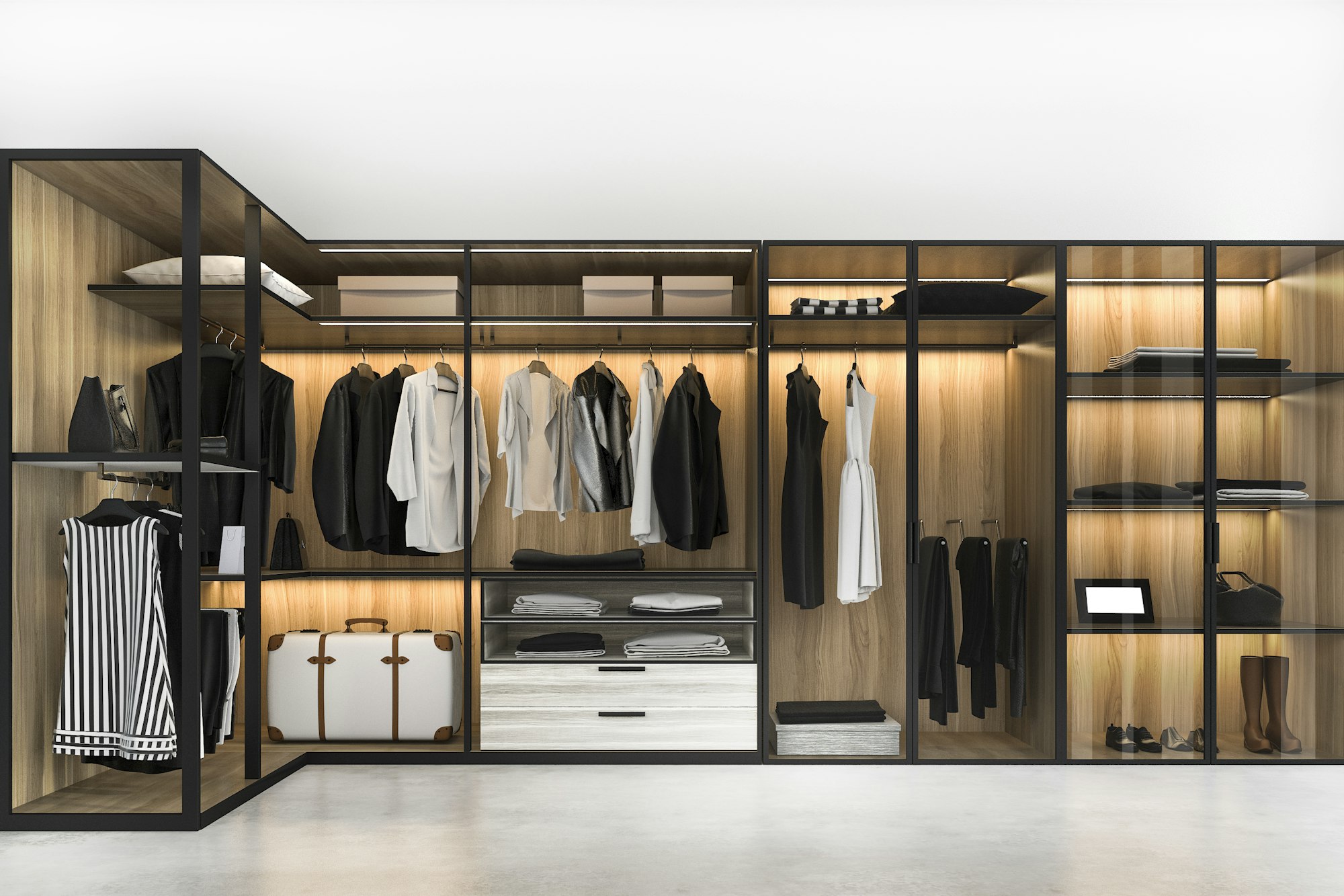 3d rendering minimal scandinavian walk in closet with wood wardrobe